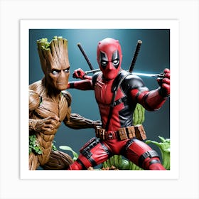 Deadpool Fighting Groot Hyper Realistic (1) Art Print