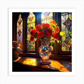 The Vase. Decoupage. Roses. Coloured glass. Window. Stained glass. Art Print