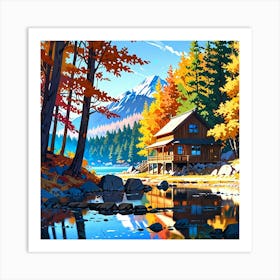 Autumn Cabin By The Lake 1 Art Print