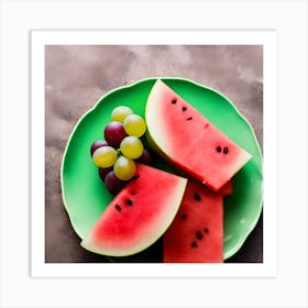 Watermelon Green Grapes Green And Red Apples On A Plate And A Calm Background (2) Art Print