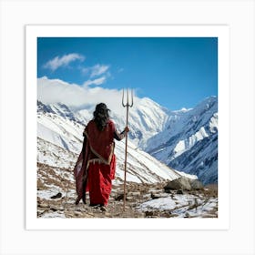 Firefly Graceful Indian Woman With Trident Walking Towards Snowy Hills 78325 Art Print