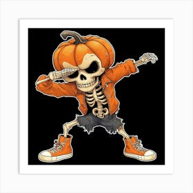 Cartoon Pumpkin Head Skeleton Dancing Playfully In Bright Colors Art Print