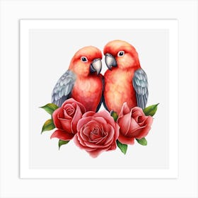 Couple Of Parrots With Roses 3 Art Print