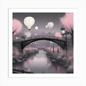 Pink Bridge Hot Air Balloons Landscape Art Print