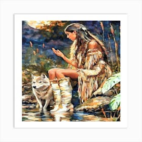 Native Woman With Wolf-Drucke 09.12.2024--06475 Art Print