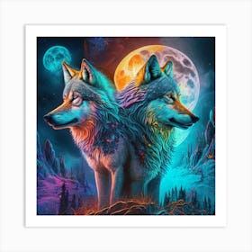 Two Wolves In Front Of The Moon 2 Art Print