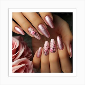 Pink Nails With Roses 3 Art Print