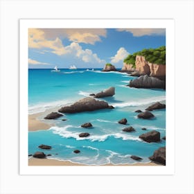 Rocky Beach With Sailboats Art Print