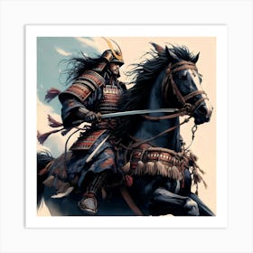 Samurai Witha Sword In Attck With A Black Horse Detail Color Drawing 1 Art Print