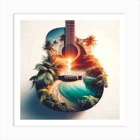 Acoustic Guitar, Tropical Vibes, Sunset, Beach Art Print