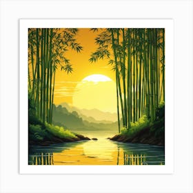 A Stream In A Bamboo Forest At Sun Rise Square Composition 136 Art Print