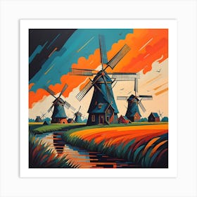 Windmills At Sunset Art Print