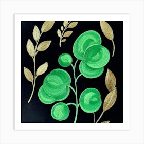 Green Leaves On Black Canvas Art Print