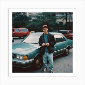 Young Man In Front Of A Car Art Print