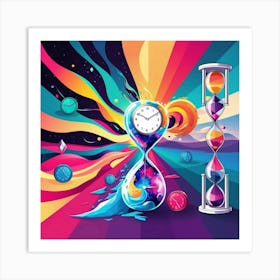 A colorful and abstract illustration depicting time, featuring clocks. Art Print