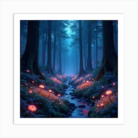 Futuristic, Neon Lit Forest With Glowing, Bioluminescent Flora And Fauna 1 Art Print