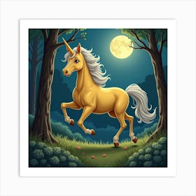 A Golden Unicorn With A Silver Mane Running Through Moonlit Woods 1 Art Print