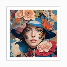 Painting Of A Woman With A Hat And Flowers On Art Print