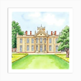 Watercolor View Of The Kelmarsh Hall In Northamptonshire, Showcasing Its Grand Architecture And Beautiful Grounds Art Print