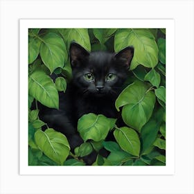 Black Kitten In Green Leaves Art Print
