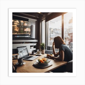 Woman Working In A Cafe Art Print
