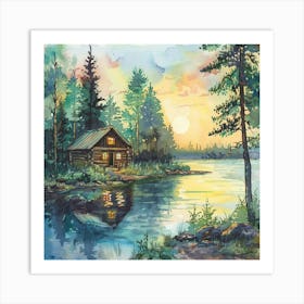 The Little Summer Cabin by the Lake | Idyllic Watercolor Painting | Slow Living Home Sweet Home Dreamy Nostalgic Art Print