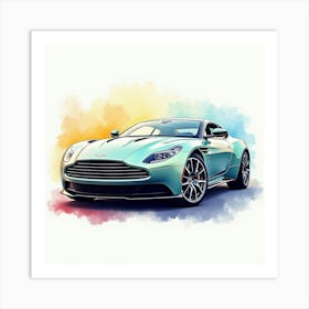 Aston Martin Dbs Superleggera In A Bright, Colorful Watercolor Scene, No Logos Art Print