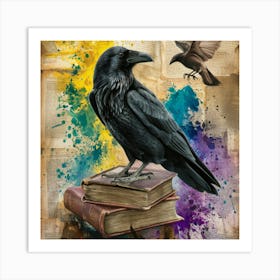 Raven And Book A captivating artwork that blends elements of nature and literature. Dominating the center is a detailed, black raven perched atop an old, worn-out book. The book itself is open, revealing its aged pages. Surrounding the raven and book are splatters of paint in vibrant hues of yellow, blue, and purple. To the right, a smaller bird is captured in mid-flight, adding a dynamic touch to the composition. The background is a textured canvas of faded, distressed paper, possibly pages from an old book, with faint, cursive writing visible. The entire scene exudes a sense of mystery, history, and the passage of time., dark fantasy, vibrant, painting Art Print