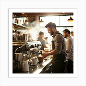 Barista Swiftly Spinning Pouring Water Into A Gleaming Espresso Machine Amidst Morning Rush In Bu (2) Art Print