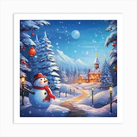 Snowman In The Village 3 Art Print