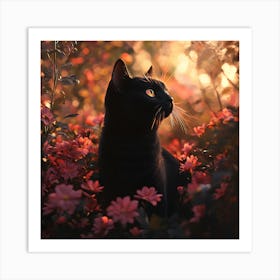 Black Cat in a Floral Sunset Garden 9 Poster