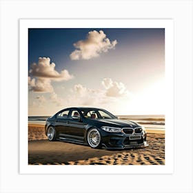 A Dramatic High Contrast Cinematic Photograph Of A Sleek Black BMW M5 At Beach Front Art Print