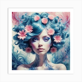 Blue Haired Girl With Flowers Art Print