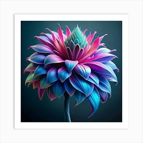 A Surreal And Vibrant Flower In Shades Of Pink, Blue, And Green Art Print