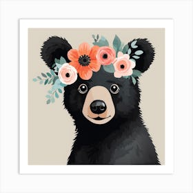 Floral Baby Black Bear Nursery Illustration (18) Art Print