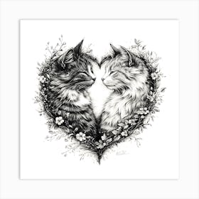 Delicate Ink Drawing of Cats Love Heart 9 Art Print