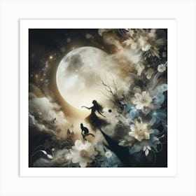 Cat And The Girl silhouette in the moonlight Art Print