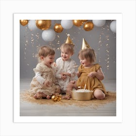 0 Children Celebrate New Year With The New Baby Art Print