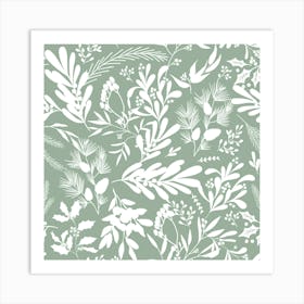 Christmas Botanical Leaves - Green White Art Print