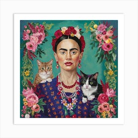 Frida Kahlo Two Cats Mexican Painting Botanical Floral Art Print