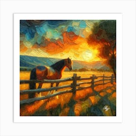 Western Horse At Sunset 5 Oil Texture Art Print