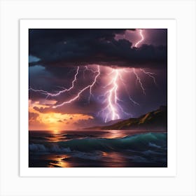 Sunset Lightning Over The Ocean Art Print