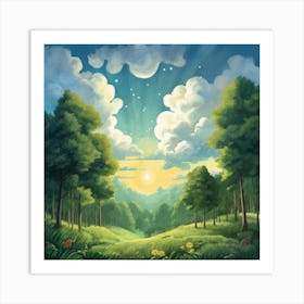 Landscape With Trees And Clouds Art Print