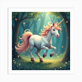 A Whimsical Unicorn With A Tail Of Cascading, Stardust Patterns Galloping Through A Dreamlike Forest 1 Art Print