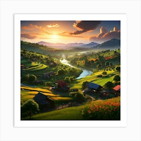 A Serene Village Landscape With Lush Green Fields And Colorful Houses Depicting The Picturesque Set Art Print