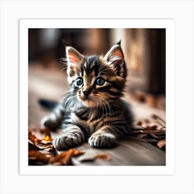 Kitten In Autumn Leaves Art Print