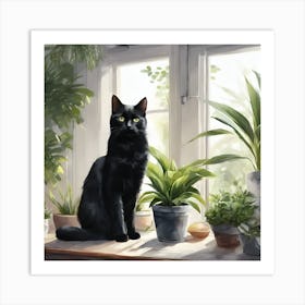 Black Cat On Window Sill Art Print