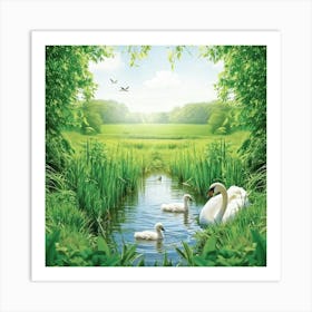 Wallpaper Capturing A Serene Summertime Countryside Two Cygnets Navigating A Vibrantly Green Stream (1) Art Print