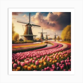 Amsterdam S Iconic Windmills Standing Tall Amidst Vibrant Tulip Fields, Style Dutch Golden Age 1 Art Print