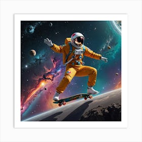 Astronaut Skateboarding In Space Art Print